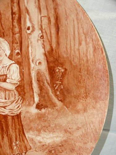 - PLAT DECORATIF PORCELAINE  déco JEUNE PAYSANNE & SON CHIEN Signé  H.COSTES   D