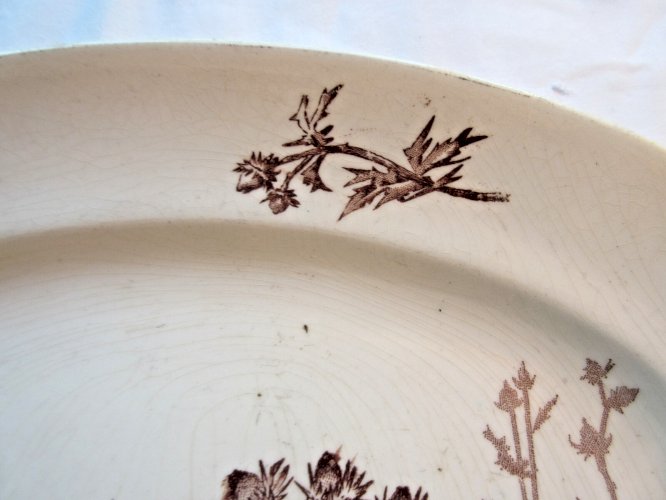 "Plat ovale 32 X 24 cm Terre de Fer Creil Montereau modèle Chardonnerets Oiseaux