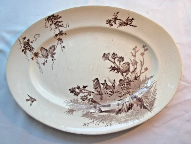 "Plat ovale 32 X 24 cm Terre de Fer Creil Montereau modèle Chardonnerets Oiseaux