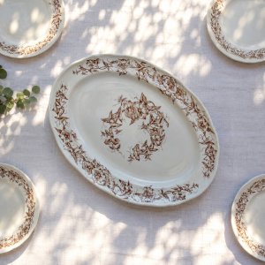 19th-century oval dish made of ironstone signed Longchamp Liserons