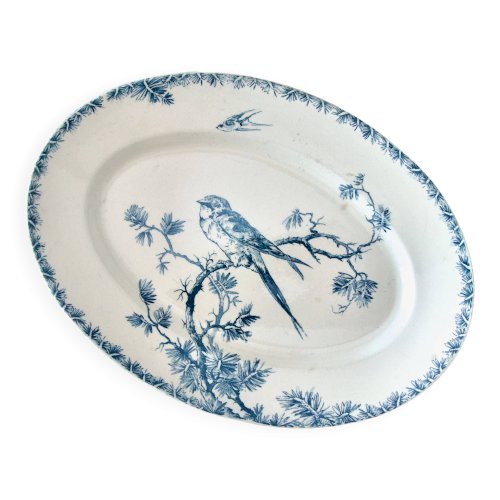 Plat ovale XIXe terre de fer Gien Provençal oiseaux hirondelles