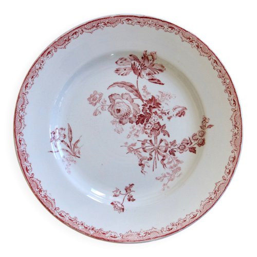 Plat rond ancien terre de fer rose signé Sarreguemines collection Fontanges