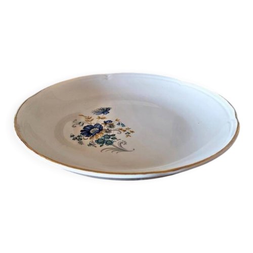 Plat rond creux Moulin des Loups Volubilis, fleurs bleues et dorure