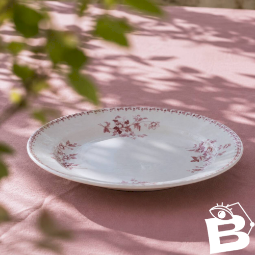 Plat rond XIXe terre de fer rose signé Maestricht Toulouse