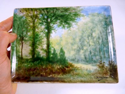 Painted porcelain card tray LANDSCAPE signed P Sirieix in Chamboulive Corrèze