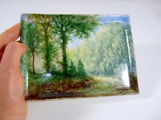 Plateau à cartes porcelaine peinte PAYSAGE signé P Sirieix à Chamboulive Corrèze