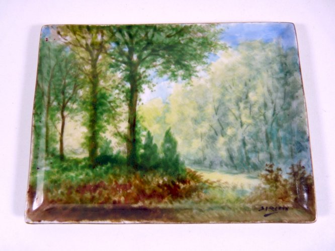 Plateau à cartes porcelaine peinte PAYSAGE signé P Sirieix à Chamboulive Corrèze