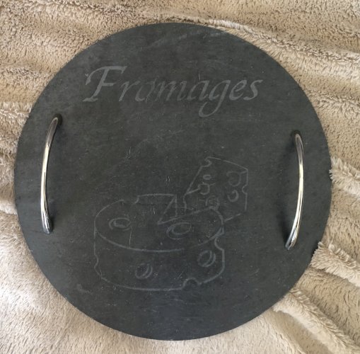 Plateau à fromage neuf en ardoise et anses en métal 