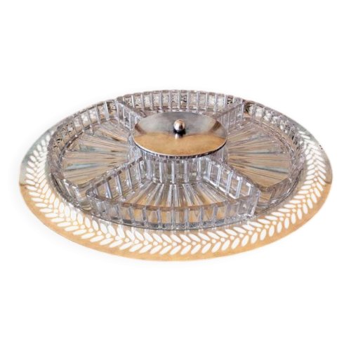 Plateau apéritif style art déco métal argenté et verre, 5 compartiments