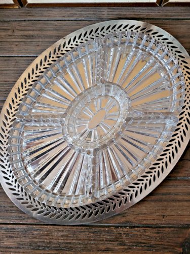 Plateau apéritif style art déco métal argenté et verre, 5 compartiments