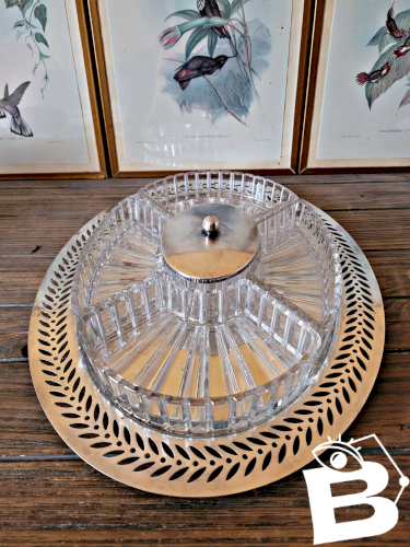 Plateau apéritif style art déco métal argenté et verre, 5 compartiments