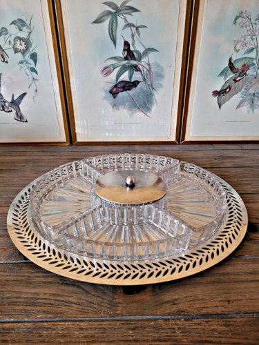 Plateau apéritif style art déco métal argenté et verre, 5 compartiments