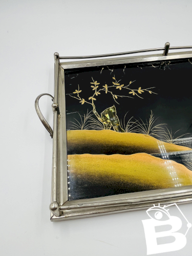 Plateau Art Déco en fixé sous verre et nacre