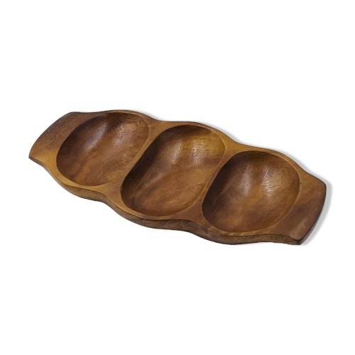 Plateau compartimenté en bois exotique sculpté, Asie années 70