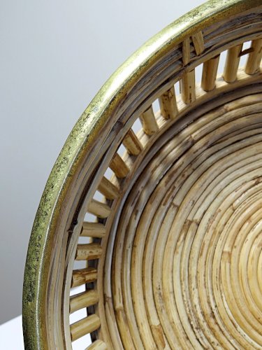 Plateau, corbeille rond en bambou clair cerclage laiton vintage Italie années 70