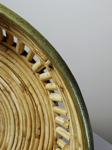Plateau, corbeille rond en bambou clair cerclage laiton vintage Italie années 70