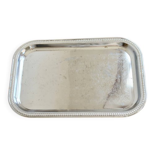 Plateau de service rectangulaire métal argenté gravé - Bordure perlée
