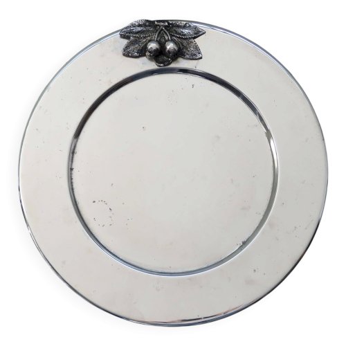 Plateau de service rond vintage métal argenté cerises en relief
