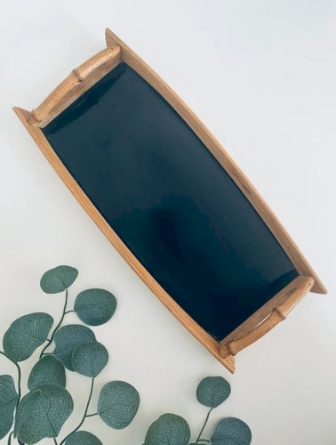 Plateau de Service Vintage 1960 Bois Cannelé Poignées Style Bambou Laque Noire