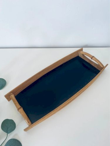Plateau de Service Vintage 1960 Bois Cannelé Poignées Style Bambou Laque Noire