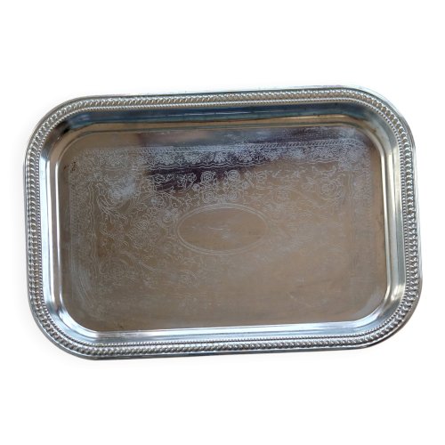 Plateau de service vintage en métal argenté – Décor gravé