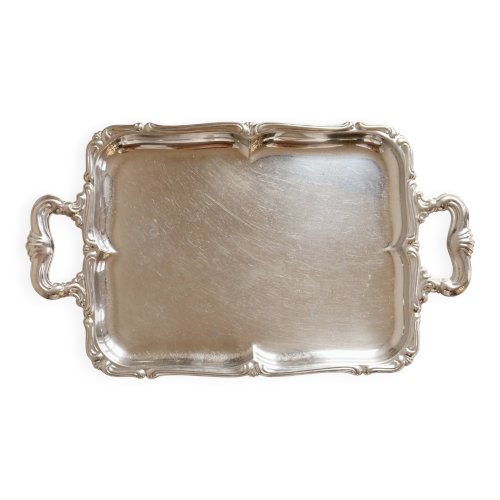 Plateau de service vintage en métal argenté – Poignées rocaille