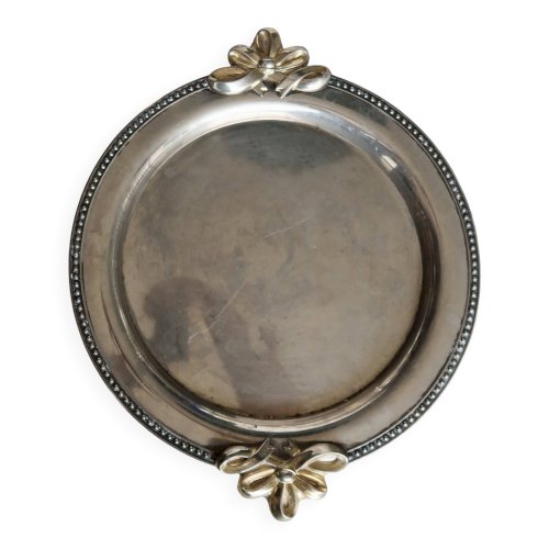 Plateau de service vintage rond métal argenté poignées nœuds dorés