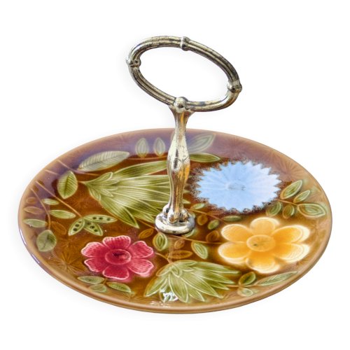 Plateau en barbotine de Sarreguemines décor fleuri