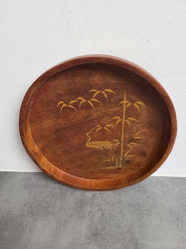 PLATEAU EN BOIS PEINT DECOR D'OISEAUX A LA DORURE