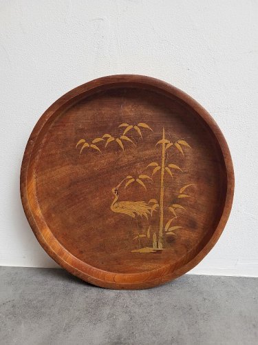 PLATEAU EN BOIS PEINT DECOR D'OISEAUX A LA DORURE