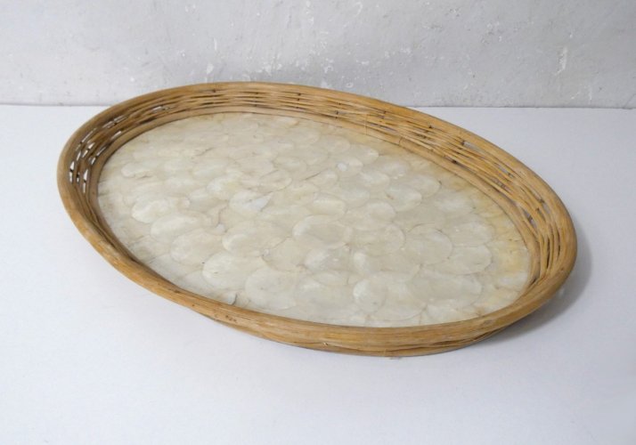 plateau en rotin et nacre vintage