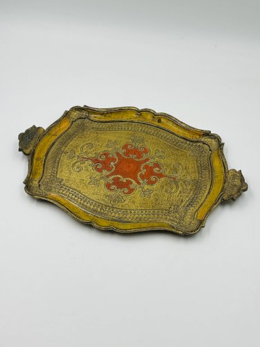 Plateau Florentin Style Baroque Jaune Or Vintage 70s