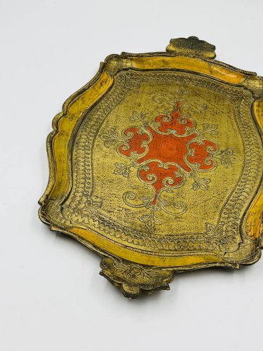 Plateau Florentin Style Baroque Jaune Or Vintage 70s