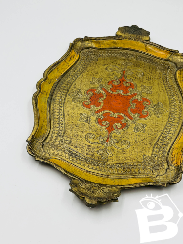 Plateau Florentin Style Baroque Jaune Or Vintage 70s