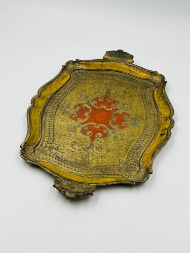 Plateau Florentin Style Baroque Jaune Or Vintage 70s