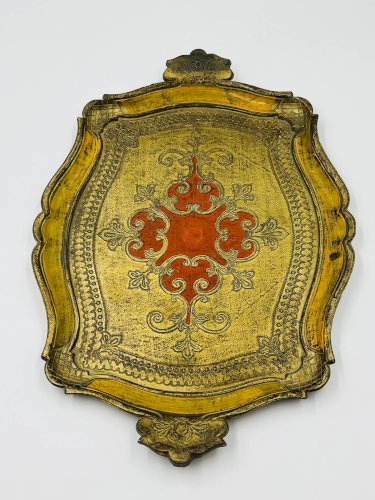 Plateau Florentin Style Baroque Jaune Or Vintage 70s