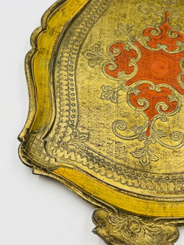 Plateau Florentin Style Baroque Jaune Or Vintage 70s