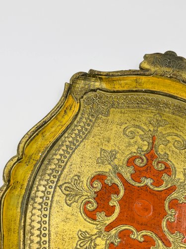 Plateau Florentin Style Baroque Jaune Or Vintage 70s