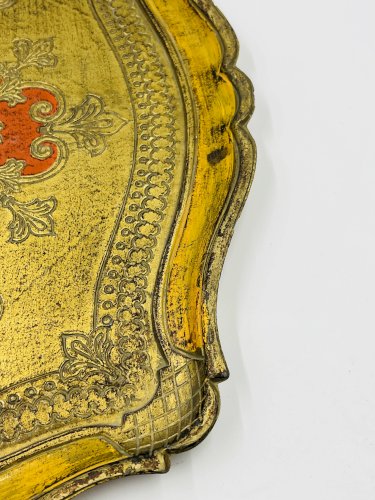 Plateau Florentin Style Baroque Jaune Or Vintage 70s