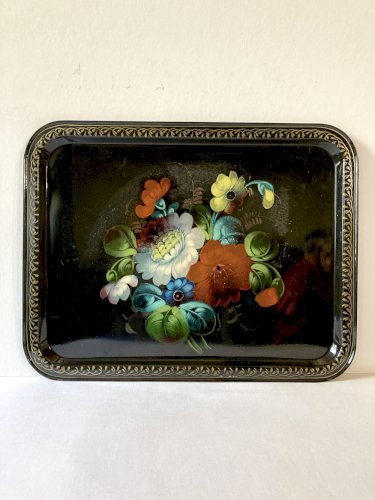 Plateau Jostovo en métal peint, motifs fleurs, Made in USSR