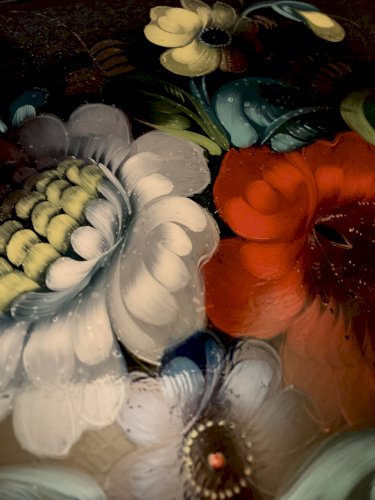 Plateau Jostovo en métal peint, motifs fleurs, Made in USSR