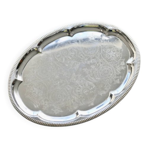 Plateau ovale vintage métal argenté - Motif gravé rocaille