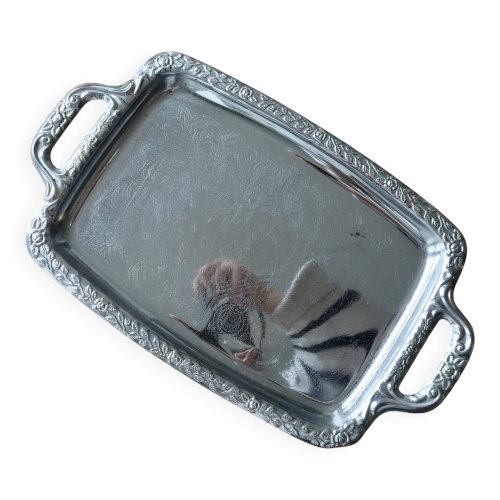 Plateau rectangulaire vintage en métal argenté brillant - Motif gravé