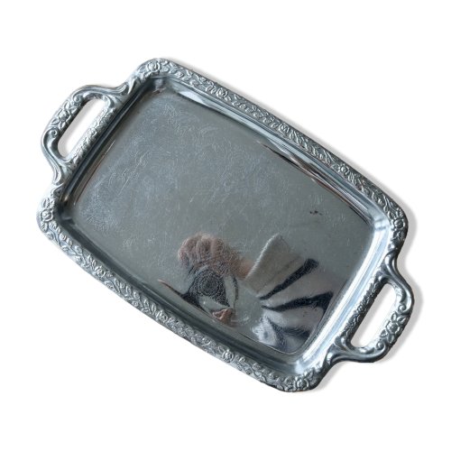 Plateau rectangulaire vintage en métal argenté brillant - Motif gravé