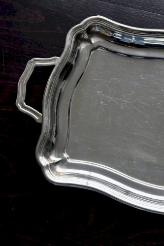 Plateau rectangulaire vintage en métal argenté brillant - Style bistrot