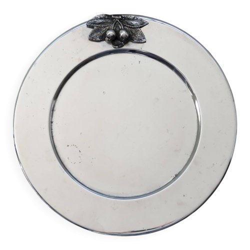 Plateau rond vintage en métal argenté avec cerises