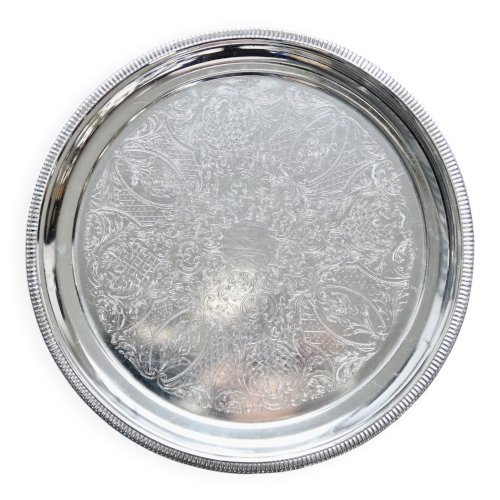 Plateau rond vintage en métal argenté brillant - Motif gravé