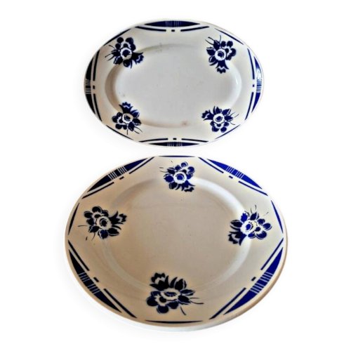 Plats Badonviller modèle Alain, plat oval et rond à fleurs bleues
