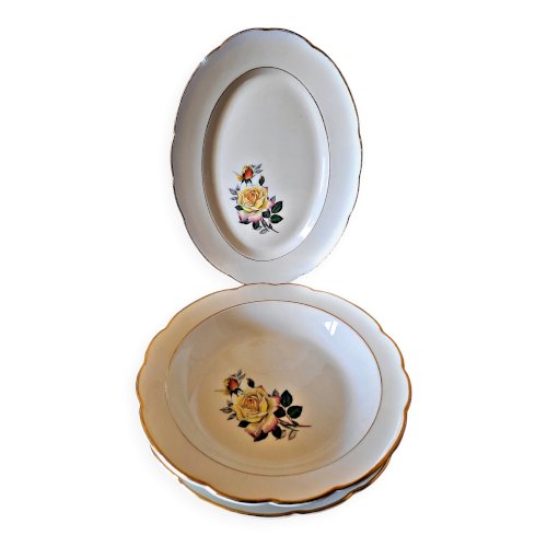 Plats Gien Gardanne, roses couleur jaune (1 ovale, 2 ronds dont un creux)