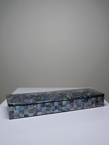 Plumier vintage/ancien bois laqué et marqueterie de nacre abalone
